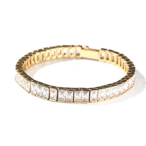 Bracelet de Tennis Hip Hop Zirconia Rectangulaire en Cuivre Plaqué Or Argent Bijoux Géométriques pour Homme Femme