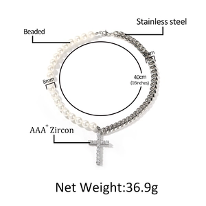 Collier chaîne cubaine 8mm en acier et perles avec pendentif croix en zircon cubique