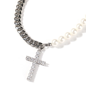 Collier hip-hop 8mm maille cubaine avec perles et pendentif croix serti de zircons