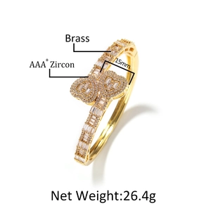 Bracelet jonc cœur hip-hop doré avec zircons AAA+ et finition laiton poli