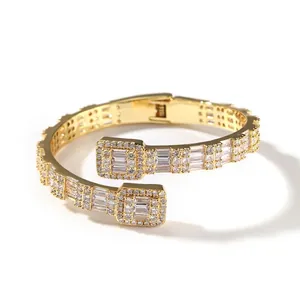 Hip Hop Kupfer Zirkonia Eingelegt Bypass Offener Armreif Geometrisch Zweifarbig Iced Out Schmuck Trendiger Luxuriöser Armband Herren