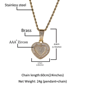 Hiphop Herzanhänger Halskette mit AAA+ Zirkonia und 60cm langer Edelstahlkette für Damen