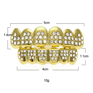 Detailed dimensions of iced out gold teeth grills with white rhinestones and measurements
