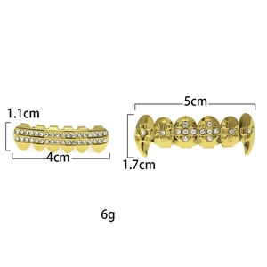 Detailed view showing dimensions and weight of gold hip hop diamond set teeth grills