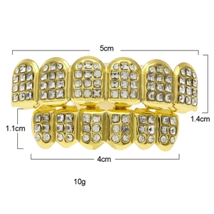 Detailed view of hip hop gold plated diamond grillz set with precise measurements