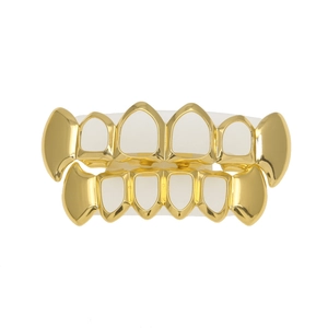 Ensemble de grillz de dents hip hop plaqué or poli avec barres de fixation en silicone