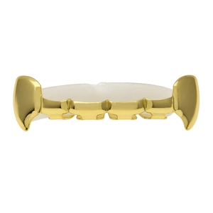 Vue détaillée du grillz hip-hop plaqué or 18 carats avec canines et barre en silicone