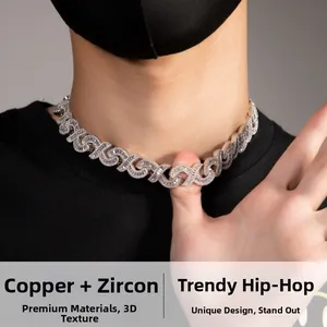 Close-up of hip hop infinity link choker necklace in copper with iced out zircons