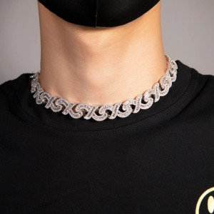 Hip hop silver infinity Cuban chain with micro paved diamonds on a male neck model