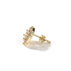 Hip hop style gold geometric stud earring with sparkling crystals on white background