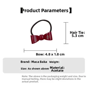 Detailed size specifications for a red handmade acetate bow hair tie with elastic band