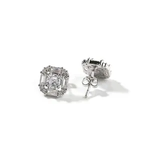 Vintage Square Halo Stud Earrings Brass AAA Zircon Geometric Baguette Cut Hip Hop Jewelry For Women Party Daily Accessory