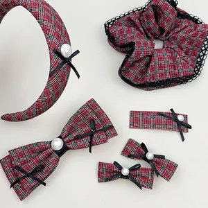Vintage Red Green Plaid Bow Hair Clip Set Faux Artificial Pearl Ribbon Headband Scrunchie British Style Accessories For Women Girls