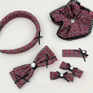 Elegant red plaid hair accessories set with pearls and bows for preppy style