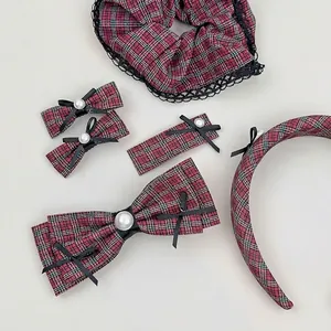 Retro red and green plaid hair accessory set with lace, pearls, and bows, 6-piece set