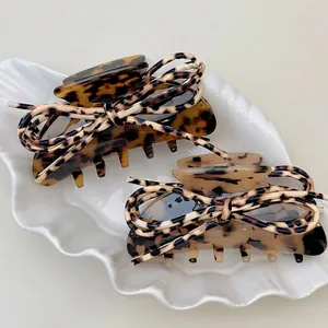 French Vintage Leopard Acetate Hair Claw Clip With PU Leather Bowknot Retro Tortoiseshell Shark Clip For Women Hair Jewelry