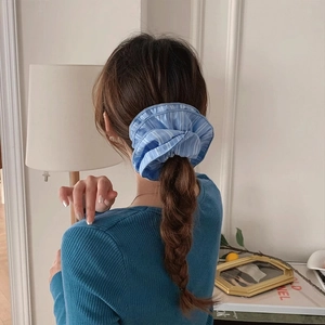 Blue striped oversized scrunchie for women, elegant woven fabric hair tie for braided hairstyles