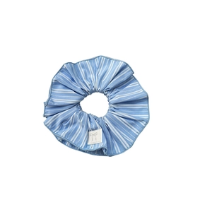Minimalist blue striped scrunchie with cotton pleats and small bow logo label
