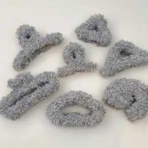 Gray plush hair claw set with fuzzy faux lamb wool hair clips and scrunchies for women