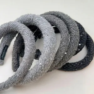 Vintage Knitted Sequin Headband For Women Thicken Padded Sponge Hairband Handmade Winter Warm Hair Accessories For Girls