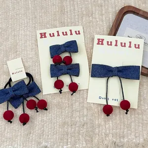 Ensemble de Barrette et Élastique à Cheveux Nœud en Denim Doux Cerise pour Filles Accessoires Cheveux Mignons
