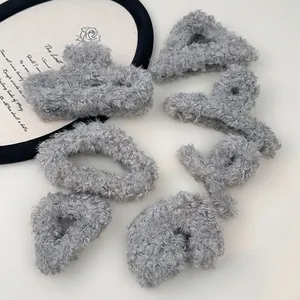 Gray plush faux fur hair claw clips set with fuzzy texture for elegant hairstyles