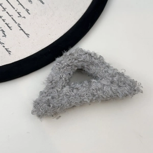 Chic grey fuzzy faux fur triangle hair claw clip for elegant autumn winter hairstyles