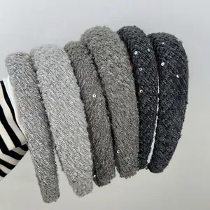 Vintage style thick knitted headband set with sequins in grey and black gradient colors