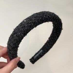 Retro black tweed headband with shiny sequins and handmade label for elegant hair styling