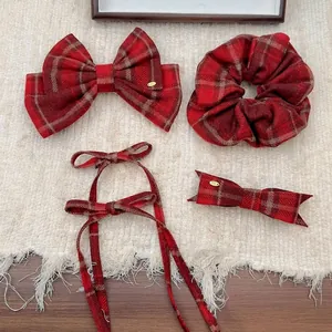 Vintage British Preppy Style Red Plaid Bowknot Hair Clip For Women Handmade Fabric Scrunchie Hair Accessories For Daily