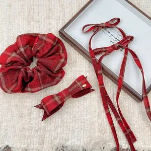 Plaid bow hair clip set with scrunchie and ribbon in red retro pattern for women