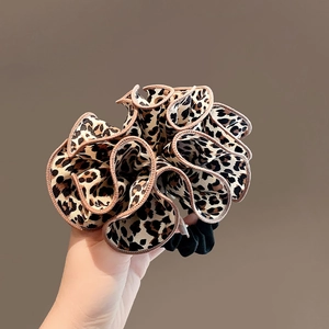 French leopard print scrunchie with layered ruffles and durable elastic hair tie