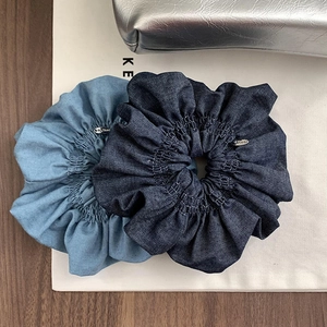 Chouchou Puff en Denim Français pour Femmes Haute Élasticité Plissé Vintage Bleu Grand Anneau de Cheveux en Tissu Fait à la Main Accessoires