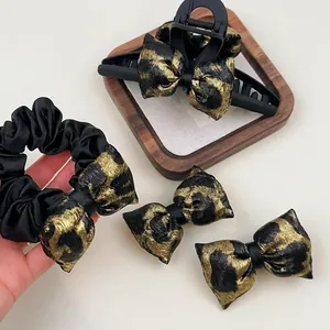 French Leopard Print Bow Hair Accessory Black Gold Jacquard Fabric Hair Claw Clip Scrunchie Duckbill Clip For Women Daily