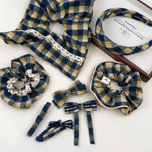 Vintage Blue Yellow Plaid Hair Clip Bowknot Handmade Cotton Fabric Hairpins Hair Accessories For Women Girls Daily Use