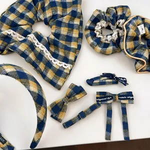 Vintage yellow and blue plaid hair accessory set with bows and elegant lace details