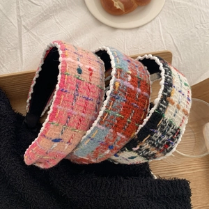 Vintage Tweed Plaid Wide Headband French Elegant Hair Hoop With Artificial Pearl Trim Autumn Winter Hair Accessories For Women