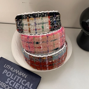 Three-piece vintage tweed checkered hair hoops with woven trim for women styling