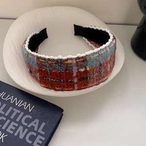 Vintage multi-color tweed plaid headband with beaded edges for high-volume hair styling