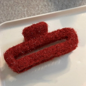 Elegant deep red plush shark hair clip with silver glitter threads for winter