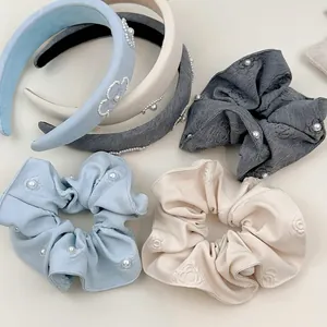 Korean Style Floral Artificial Pearl High Top Hairband Fabric Scrunchie Set Elegant Padded Jacquard Hair Accessories For Women Girls