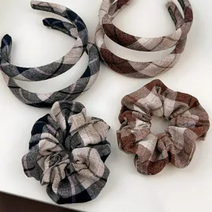 Classic grey checkered sponge headband and matching scrunchie set for high cranial top look