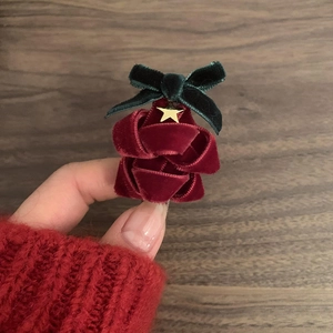 Pince à cheveux de Noël faite main avec fleur en velours rouge, nœud vert et étoile