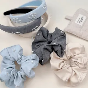 Floral print pearl headband and scrunchie set in elegant French style fabrics