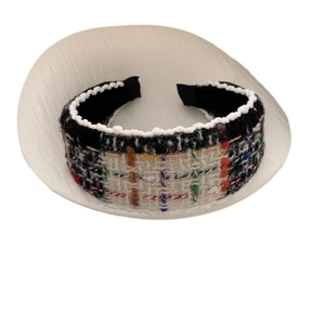 Classic multicolored plaid tweed headband with elegant white pearl trim and a wide frame