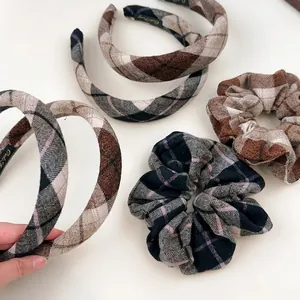 Retro grey plaid sponge headband and scrunchie set for high cranial top hairstyle