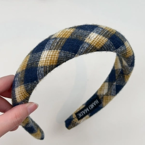 Handmade retro yellow and blue plaid headband with soft thick fabric for hair styling