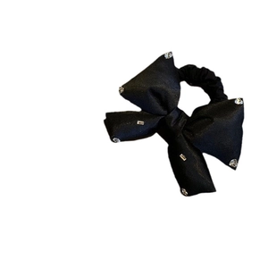 Elegant black satin hair scrunchie with large bow and sparkling white rhinestones