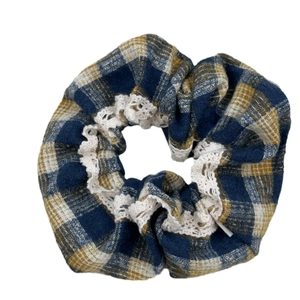 Vintage blue and yellow plaid scrunchie with white lace trim for hair styling