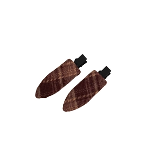 Pair of retro brown checkered fabric hair clips with metal duckbill base on white background